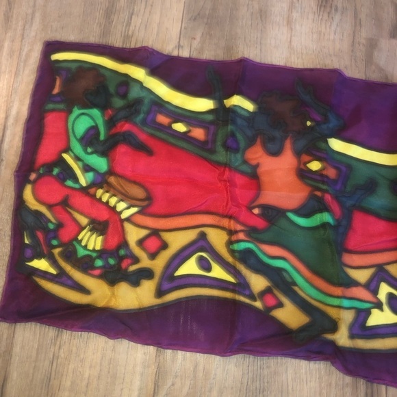 100% Silk Jamaican Dancing Scene Multicolour Hand Painted Scarf 57” x 10.5” Nwt - Picture 2 of 9